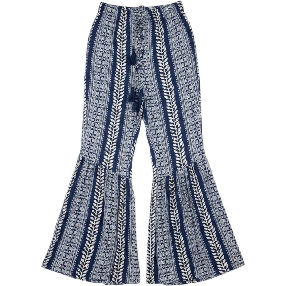 Angie Women Navy Blue Tribal Print Bell Bottom Flare Leg Boho Pants Medium NWT